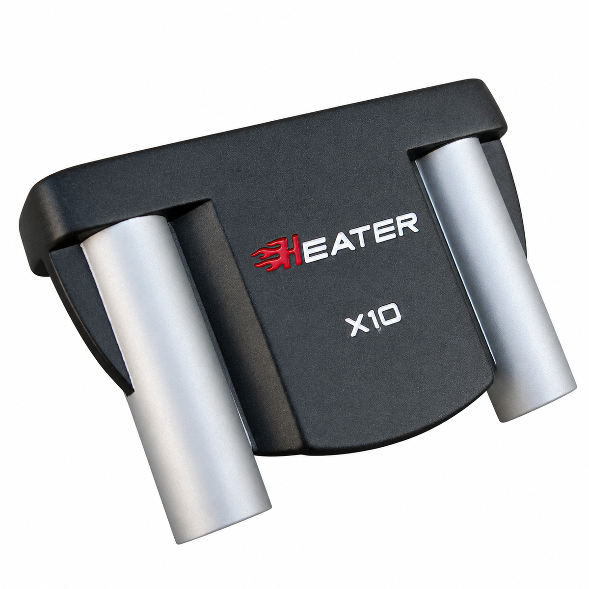 Heater X10 putter sole in matte black with the Heater X10 logo and silver wing weights