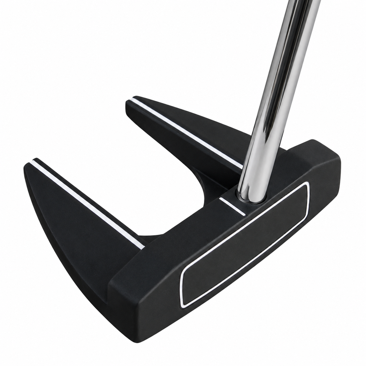 Integra center shaft dual fang putter at a front angle, showing the matte black head and white sight lines