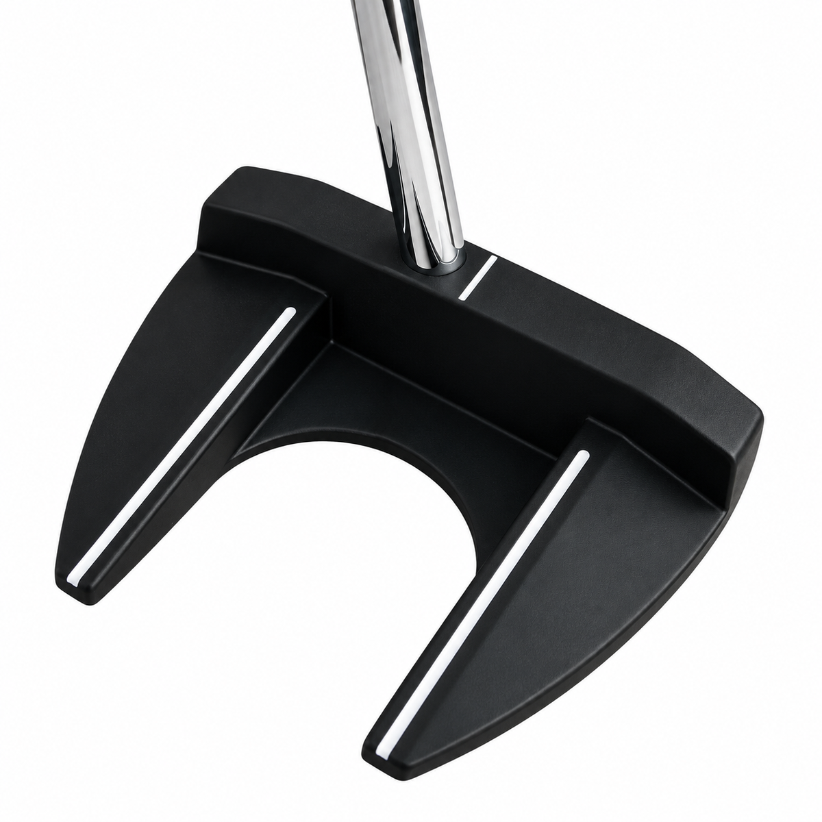 Integra center shaft dual fang mallet putter from behind at an angle, showing the weighted fangs and white alignment lines