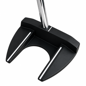 Integra center shaft dual fang mallet putter from behind at an angle, showing the weighted fangs and white alignment lines