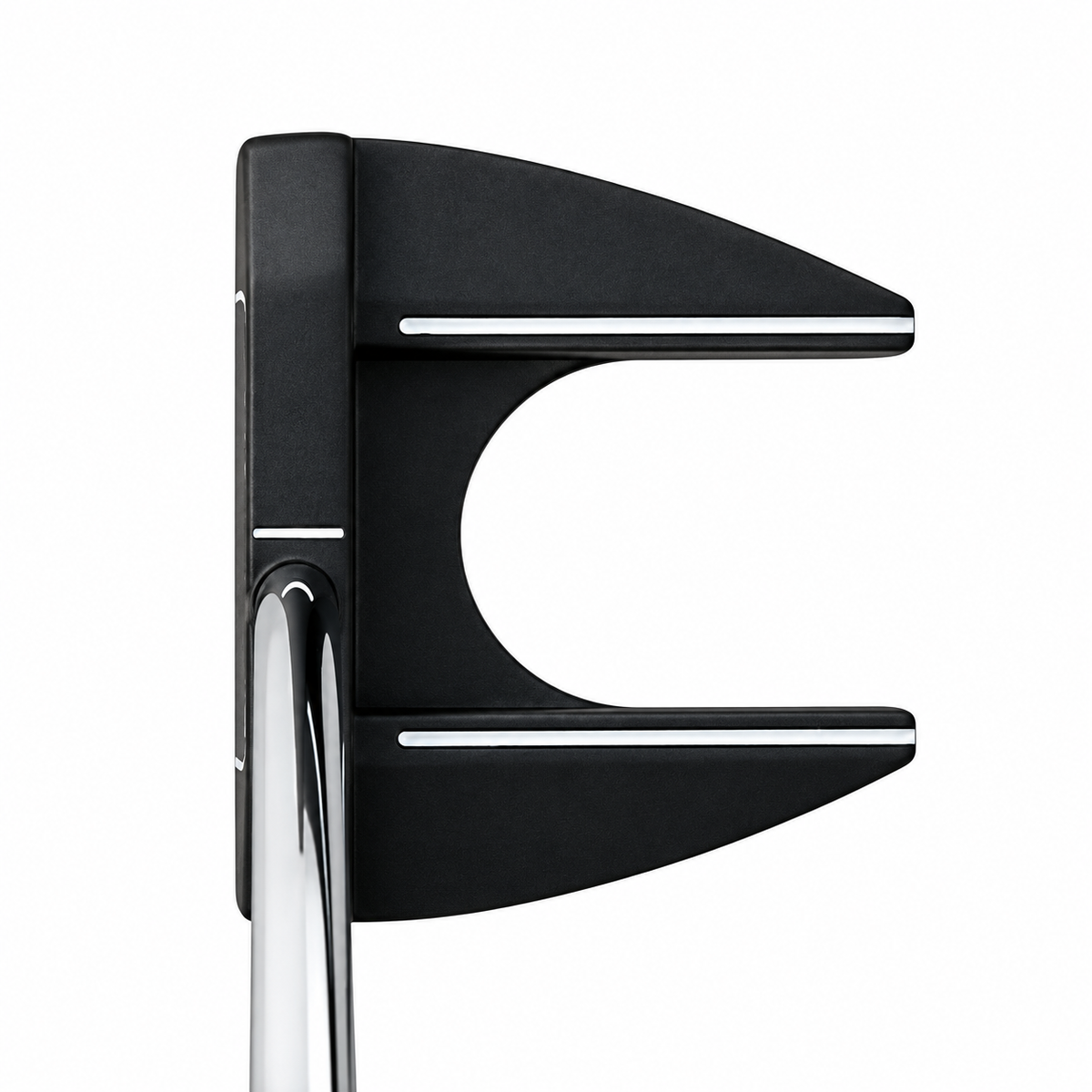 Integra center shaft dual fang putter from above at address, with the shaft entering the center of the head