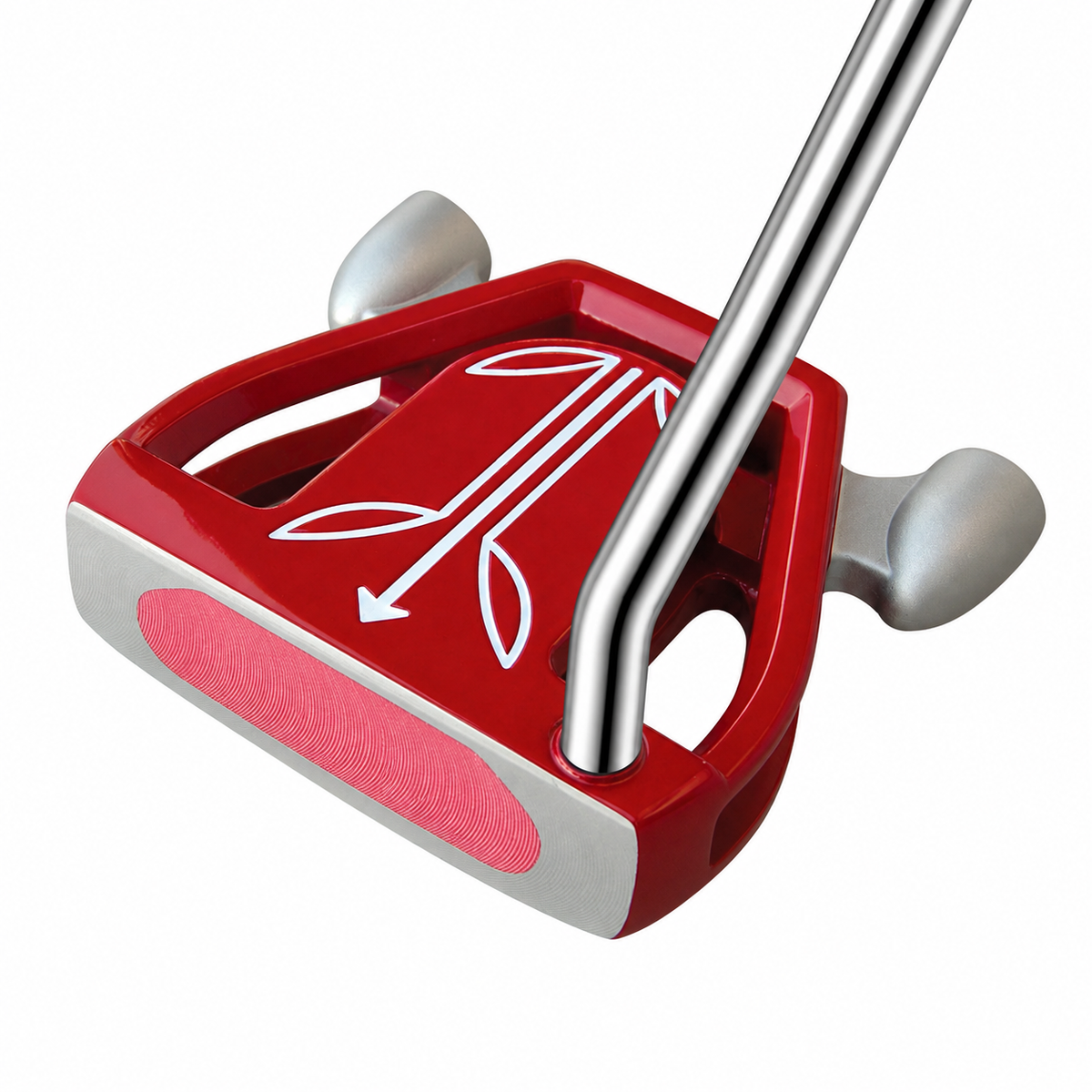 T7 Twin Engine red putter front three-quarter view showing the face and alignment arrow
