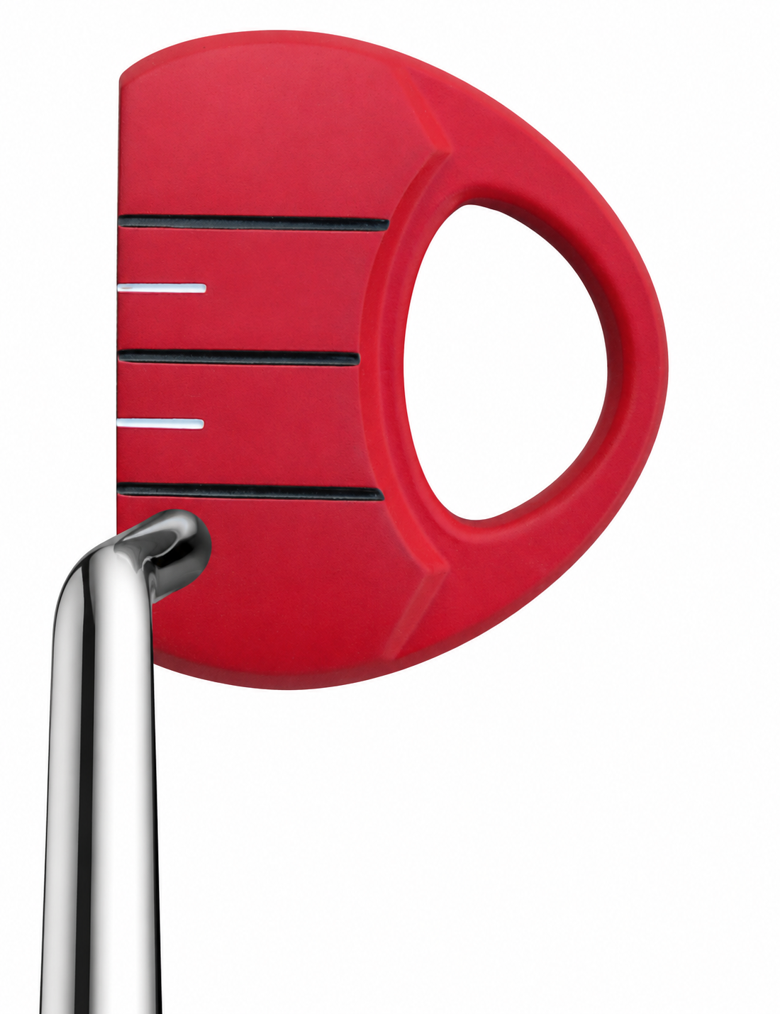 Heater III red mallet putter from above at address with single bend shaft and white sight lines