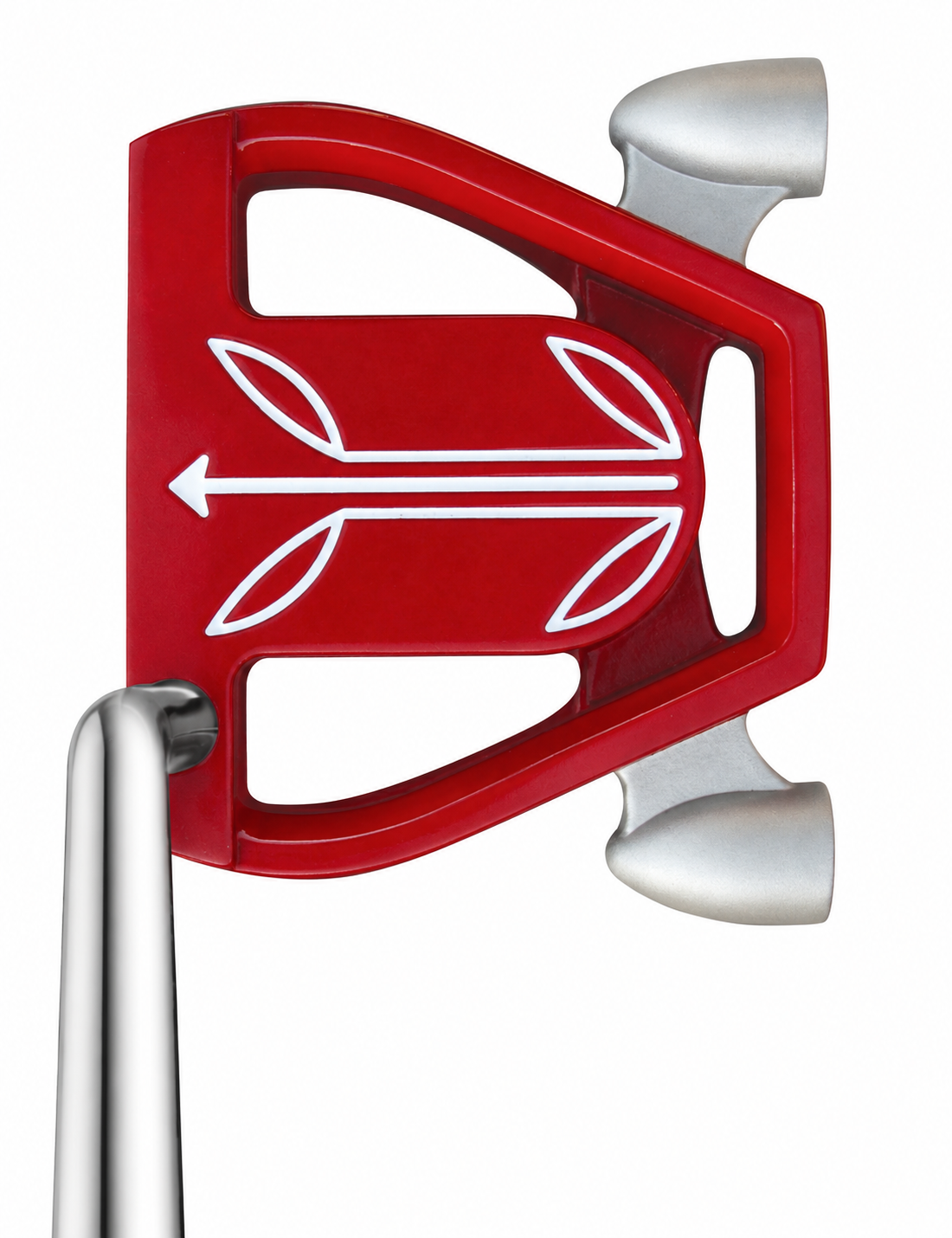 T7 Twin Engine red putter top-down at address showing the arrow alignment graphic