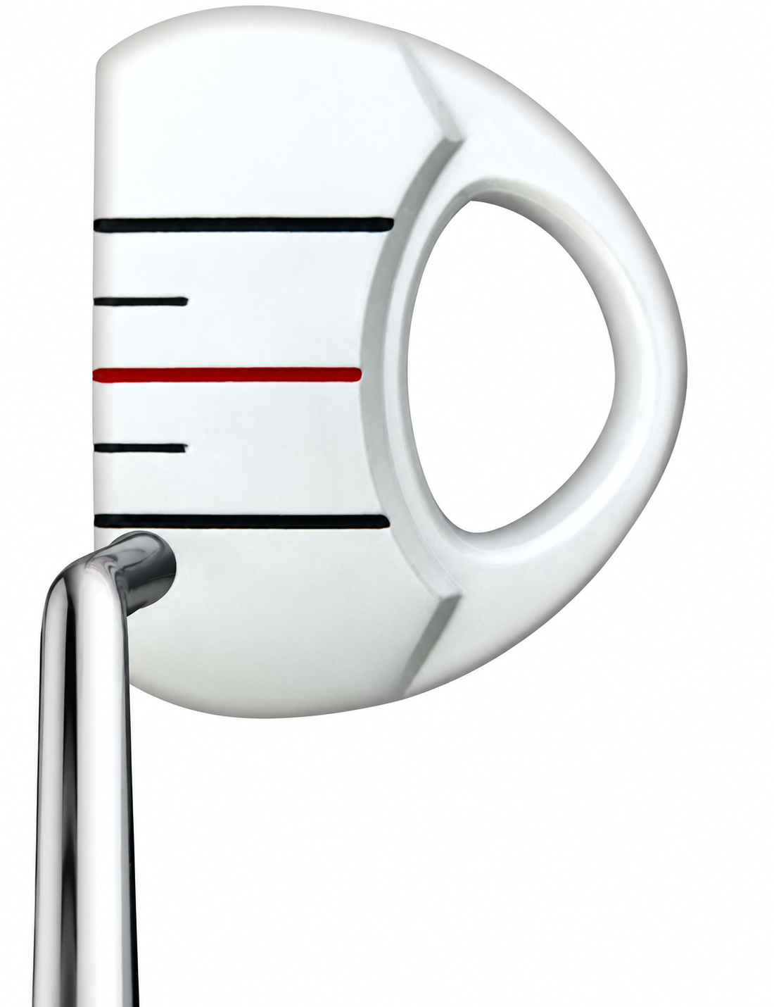 Heater III white mallet putter from above at address with single bend shaft and two black sight lines