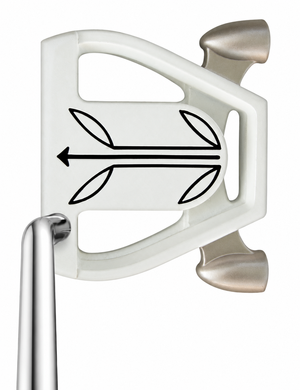T7 Twin Engine white putter top-down at address showing the black arrow alignment graphic