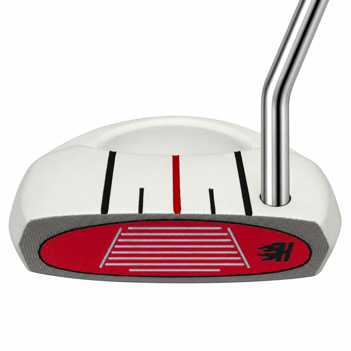 Heater III white mallet putter at a front angle with single bend shaft and red face insert