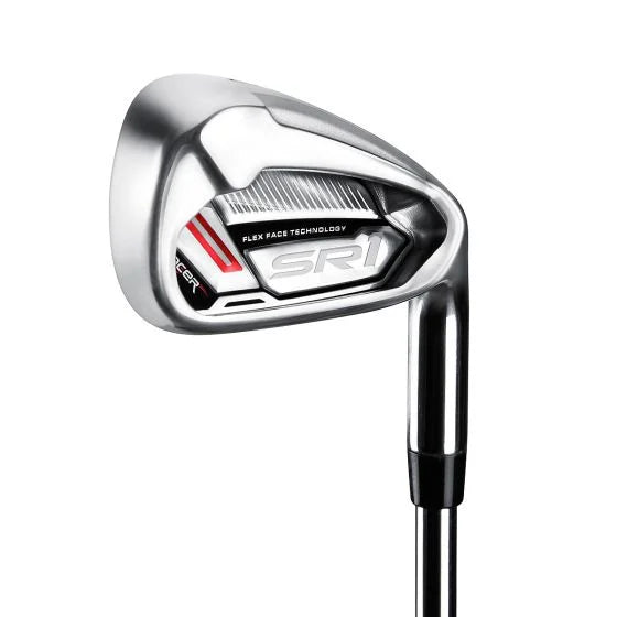 Acer SR1 iron head, back view, showing the chrome hollow-body back with the SR1 badge and red face-cup accent.