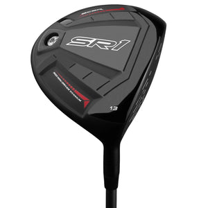 Acer SR1 mini driver clubhead viewed from above at address, showing the matte black crown with SR1 branding and red accents