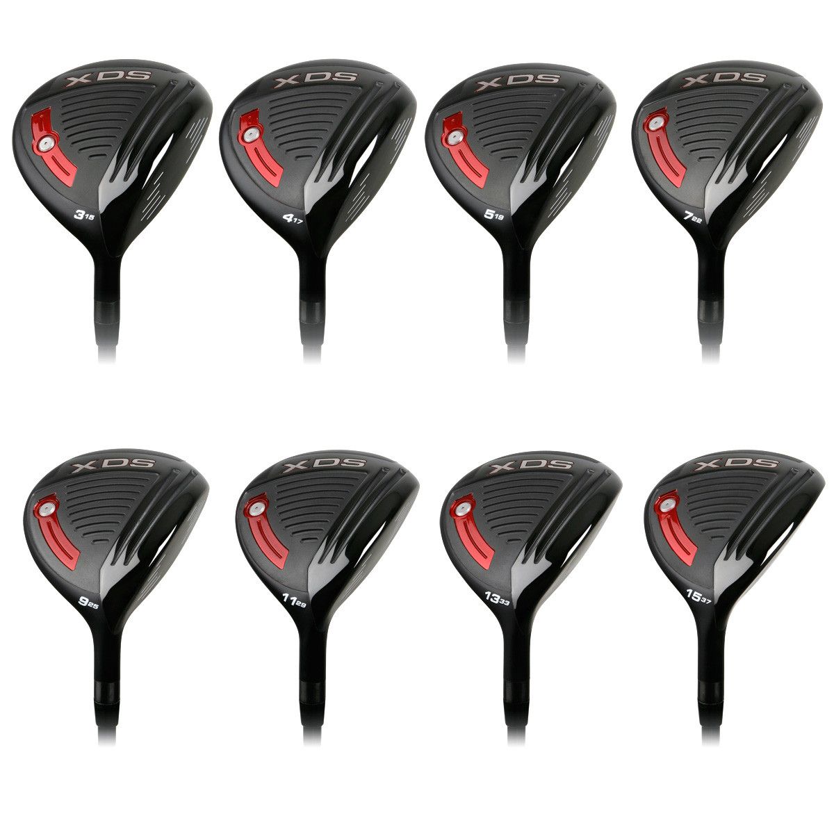 Eight Acer XDS fairway wood heads arranged in two rows, showing the range of available lofts