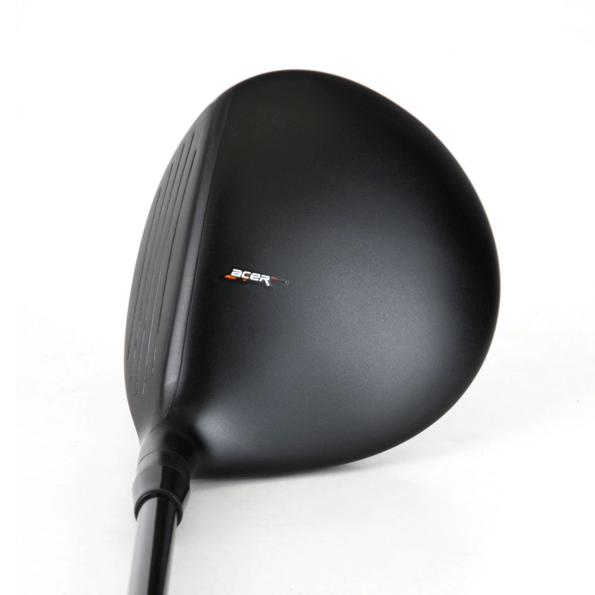 Acer XV fairway wood crown viewed from above at address, a matte black pear shape with small branding