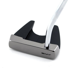Front view of the SMT Dead Eye Armlock putter's two-way milled stainless steel face