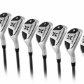 Full set of Ashton X-Launch hybrid iron heads lined up in order, showing the progression from the long hybrid irons through the short irons.