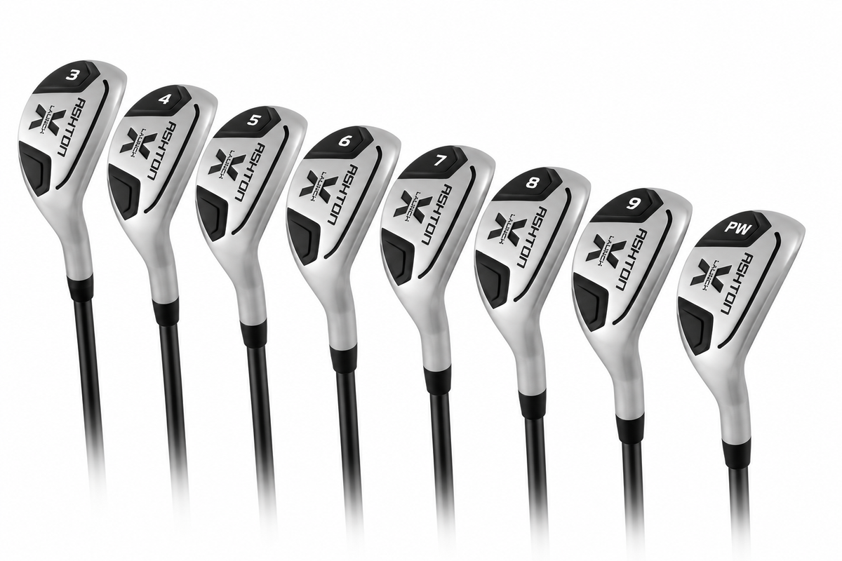 Full set of Ashton X-Launch hybrid iron heads lined up in order, showing the progression from the long hybrid irons through the short irons.