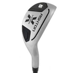 Ashton X-Launch hybrid iron head, sole view, showing the wide chrome sole with the black Ashton insert and X badge.