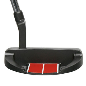 Bionik 504 mallet putter head in black shown face-on, with twin red face inserts either side of the centre