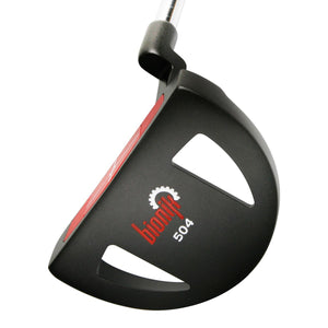 Bionik 504 mallet putter head in black seen from the toe, showing the Bionik 504 badge on the flange
