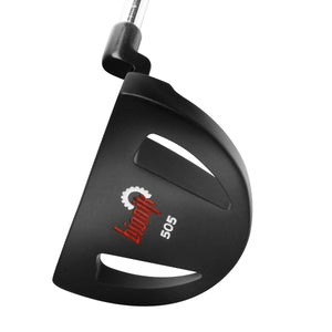 Bionik 505 mallet putter head in black seen from the toe, showing the Bionik 505 badge on the flange