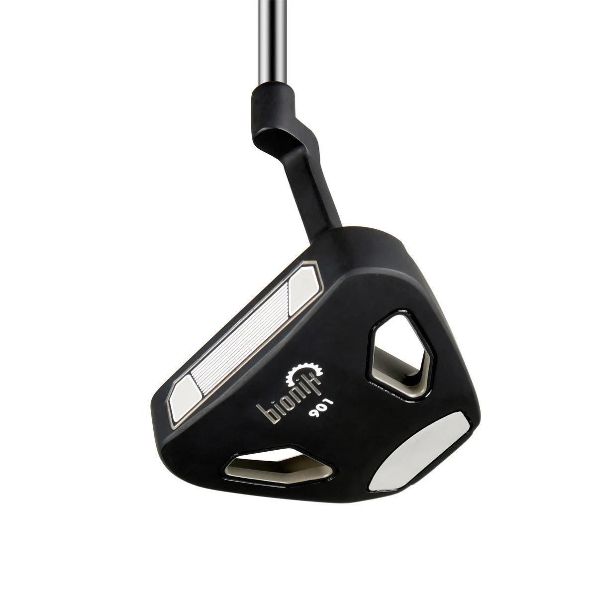 Bionik 901 mallet putter sole in black with Bionik branding and two round weight ports