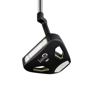 Bionik 901 mallet putter sole in black with Bionik branding and two round weight ports
