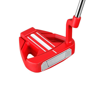 Bionik 901 mallet putter head in red viewed from above at address, showing twin white alignment lines and a milled face insert