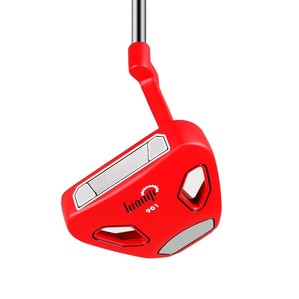 Bionik 901 mallet putter sole in red with Bionik branding and two round weight ports