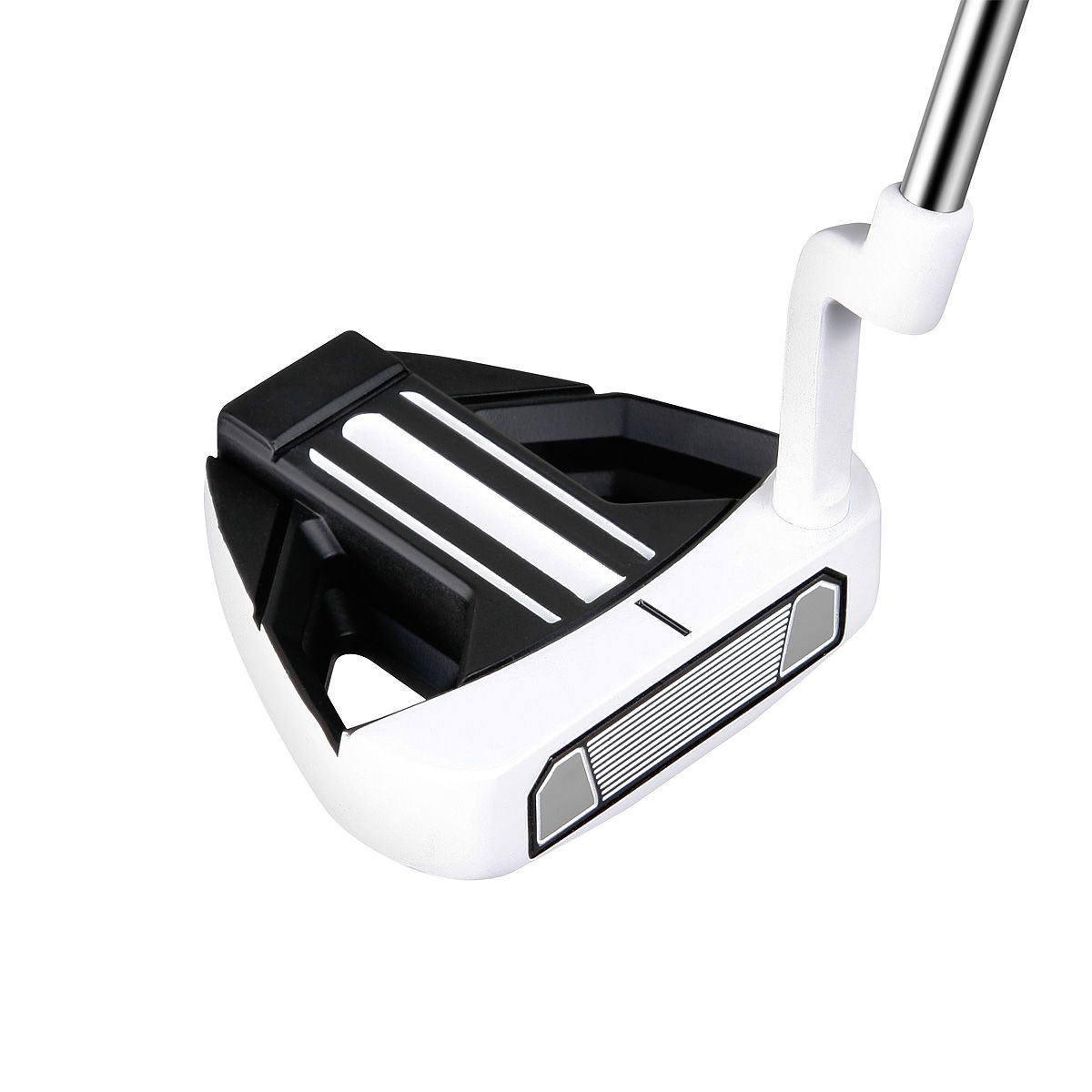 Bionik 901 mallet putter head in white and black viewed from above at address, showing twin alignment lines and a milled face insert