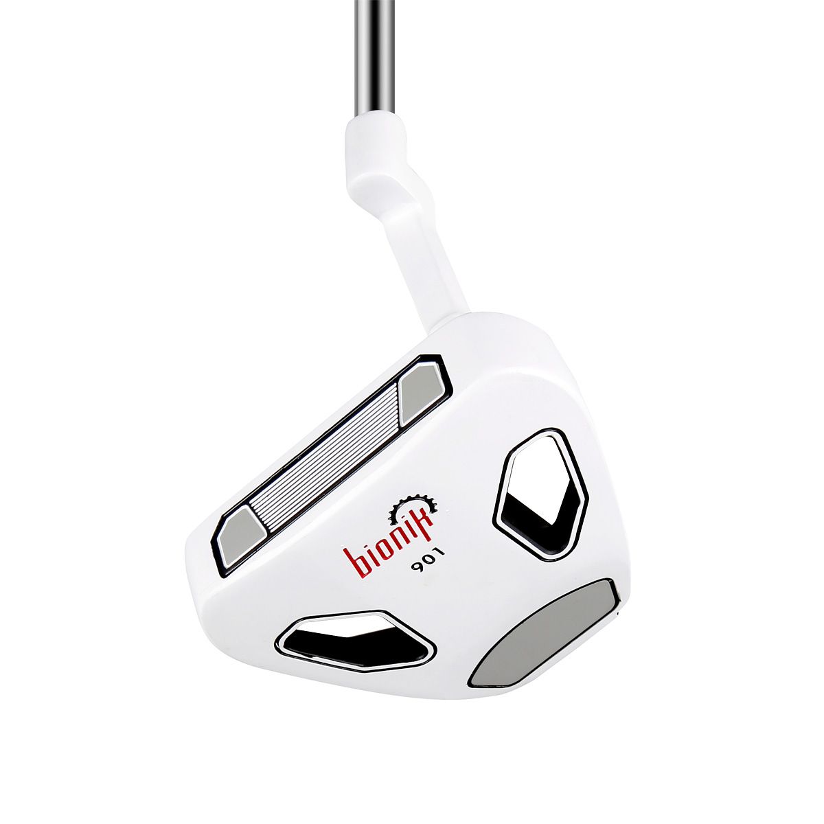 Bionik 901 mallet putter sole in white with Bionik branding and two round weight ports