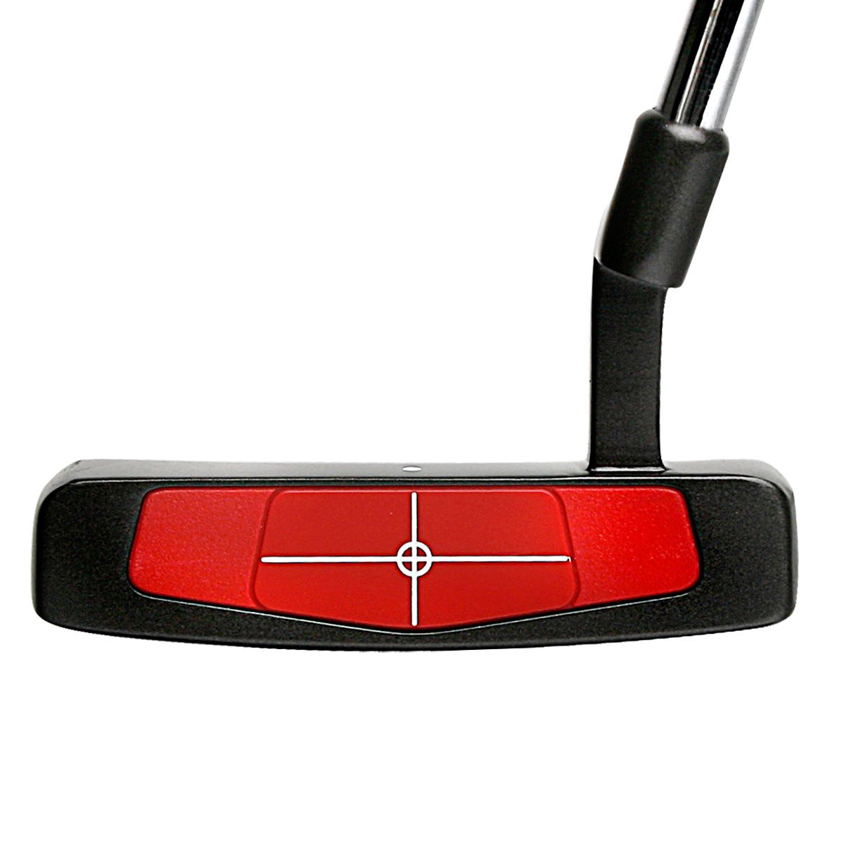 Black blade putter head shown face-on, with a red face insert marked by a white crosshair alignment aid