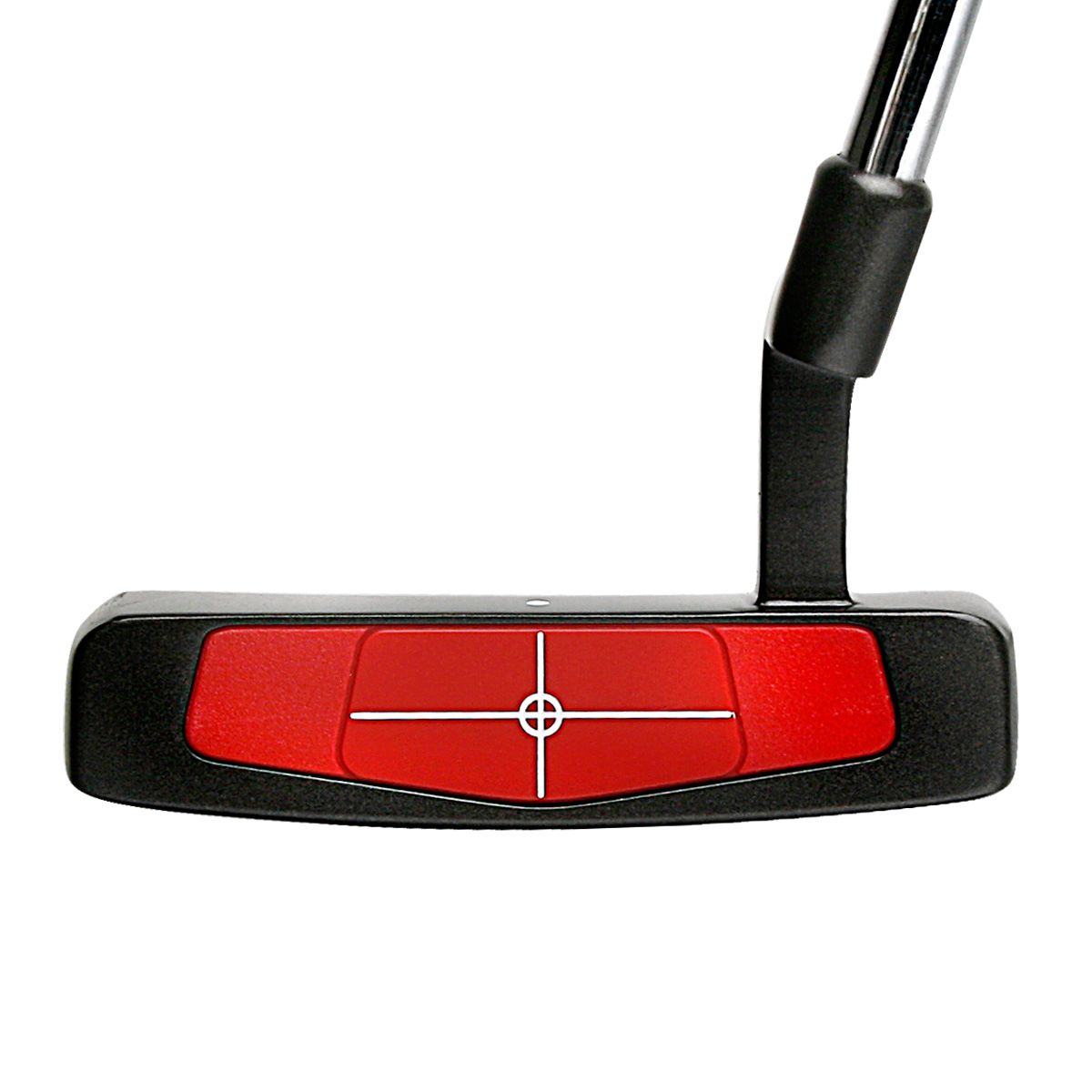 Black blade putter head shown face-on, with a red face insert marked by a white crosshair alignment aid