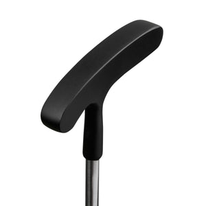 Black two-way putter head viewed from the sole, showing the matte black finish and symmetrical shape