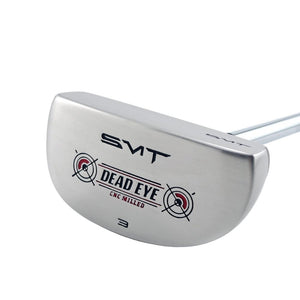 Sole of the SMT Dead Eye 3 mid mallet putter with SMT and Dead Eye target logos
