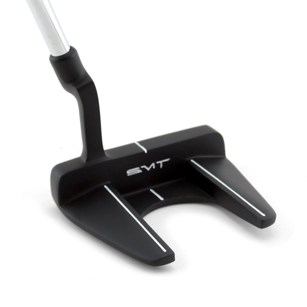 SMT Dead Eye 6 fang mallet putter in black, 3/4 view from behind showing the plumber's neck and wings
