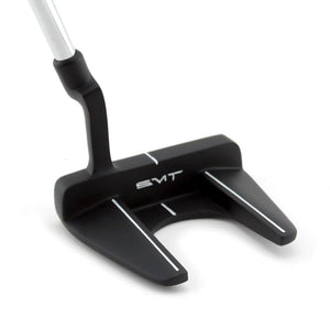 SMT Dead Eye 6 fang mallet putter in black, 3/4 view from behind showing the plumber's neck and wings