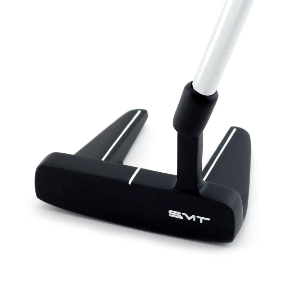 Front view of the black SMT Dead Eye 6 putter's two-way milled face
