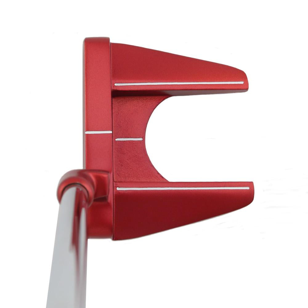 Red SMT Dead Eye 6 mallet putter seen from above at address with quad alignment lines