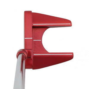 Red SMT Dead Eye 6 mallet putter seen from above at address with quad alignment lines