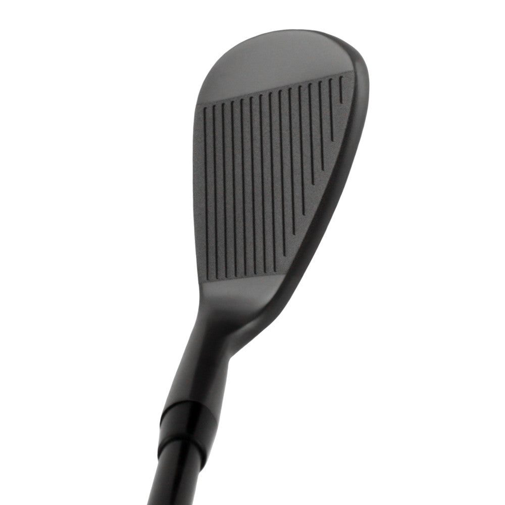 DTG Felon Rip Groove 2.0 wedge head in black finish, upright face view, showing the full aggressive rip groove face from heel to toe.