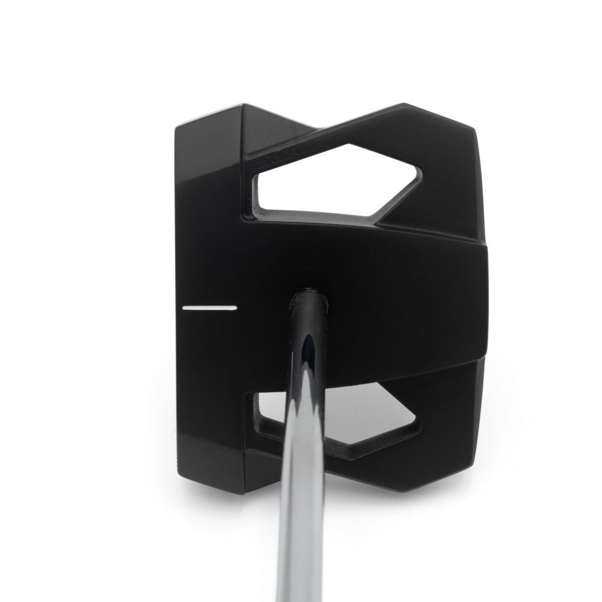 Inazone NT-1 zero torque putter head in black viewed from above at address, showing the center shaft and sight line