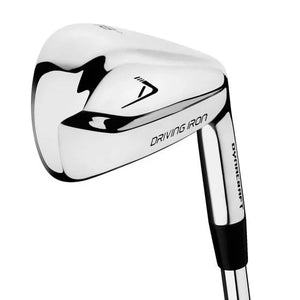 Dynacraft driving iron clubhead viewed from behind at an angle, showing the polished chrome hollow-body back stamped Driving Iron