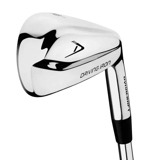 Dynacraft driving iron clubhead viewed from behind at an angle, showing the polished chrome hollow-body back stamped Driving Iron