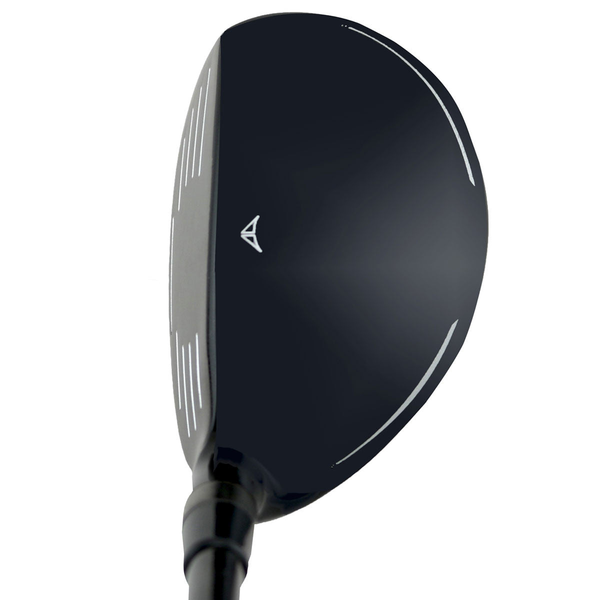 Grand Hawk XP-M hybrid crown viewed from above, a glossy dark navy teardrop shape with a small alignment mark