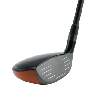 Grand Hawk XP-M hybrid clubhead seen from the toe, with a dark crown, orange sole accent and a grooved silver face