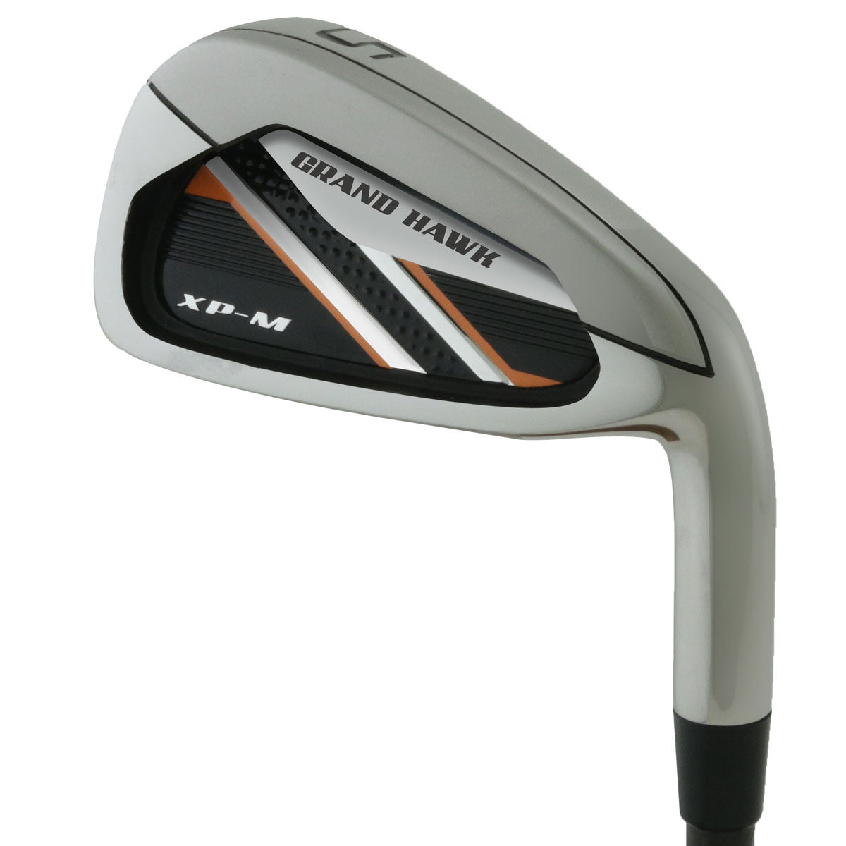 Grand Hawk XP-M iron clubhead viewed from behind, with a satin cavity back carrying Grand Hawk XP-M branding and orange accents