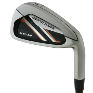 Grand Hawk XP-M iron clubhead viewed from behind, with a satin cavity back carrying Grand Hawk XP-M branding and orange accents