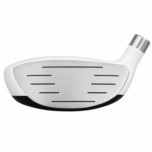 Heater B2 hybrid clubhead shown face-on, with a white body and a grooved silver hitting face