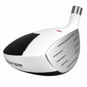 Heater B2 hybrid clubhead seen from the toe, with a white crown, a black toe panel, red Heater branding across the sole, and a grooved silver face