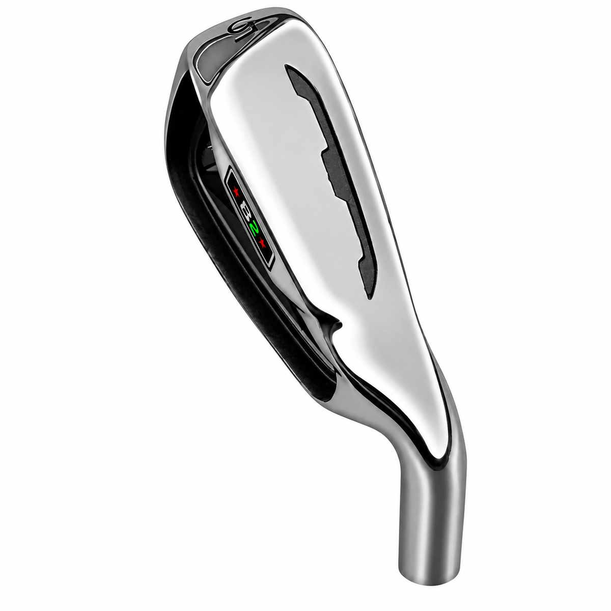 Heater B2 iron clubhead viewed from behind at a raised angle, showing the chrome cavity back and the B2 badge