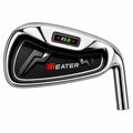 Heater B2 cavity-back iron clubhead viewed from behind, with a chrome frame around a black cavity insert carrying red Heater branding and a B2 badge
