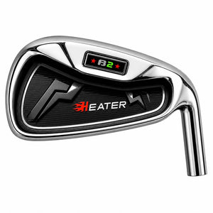 Heater B2 cavity-back iron clubhead viewed from behind, with a chrome frame around a black cavity insert carrying red Heater branding and a B2 badge